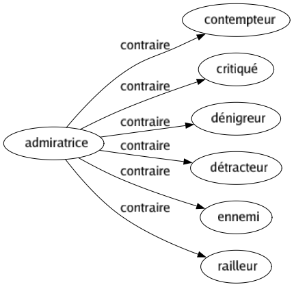 Contraire de Admiratrice : Contempteur Critiqué Dénigreur Détracteur Ennemi Railleur 