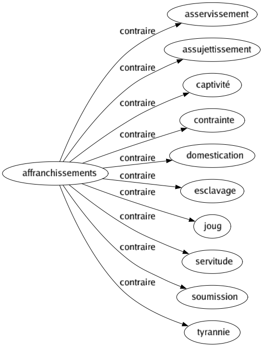 Contraire de Affranchissements : Asservissement Assujettissement Captivité Contrainte Domestication Esclavage Joug Servitude Soumission Tyrannie 