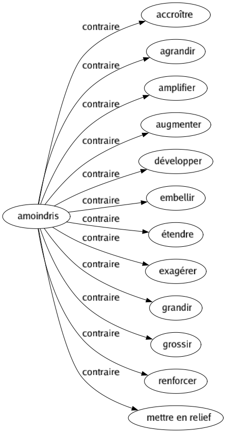 Contraire de Amoindris : Accroître Agrandir Amplifier Augmenter Développer Embellir Étendre Exagérer Grandir Grossir Renforcer Mettre en relief 