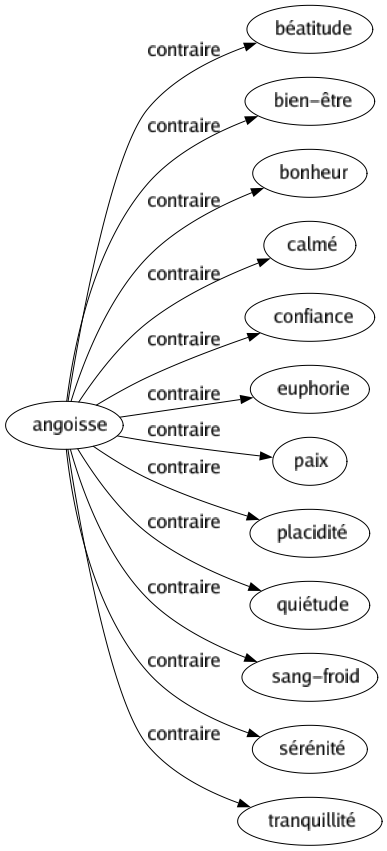 Contraire de Angoisse : Béatitude Bien-être Bonheur Calmé Confiance Euphorie Paix Placidité Quiétude Sang-froid Sérénité Tranquillité 