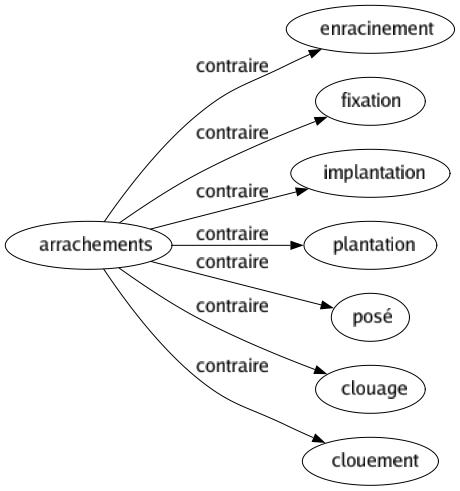 Contraire de Arrachements : Enracinement Fixation Implantation Plantation Posé Clouage Clouement 