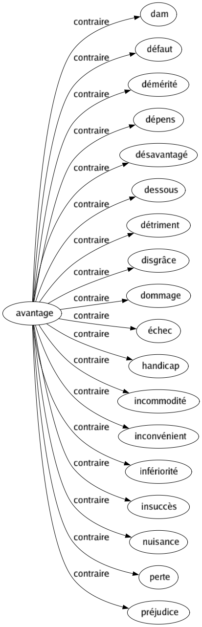 Contraire de Avantage : Dam Défaut Démérité Dépens Désavantagé Dessous Détriment Disgrâce Dommage Échec Handicap Incommodité Inconvénient Infériorité Insuccès Nuisance Perte Préjudice 