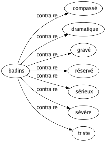 Contraire de Badins : Compassé Dramatique Gravé Réservé Sérieux Sévère Triste 