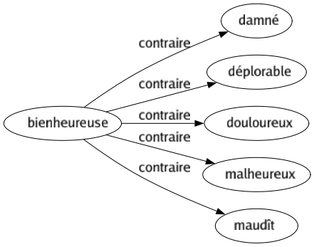 Contraire de Bienheureuse : Damné Déplorable Douloureux Malheureux Maudît 