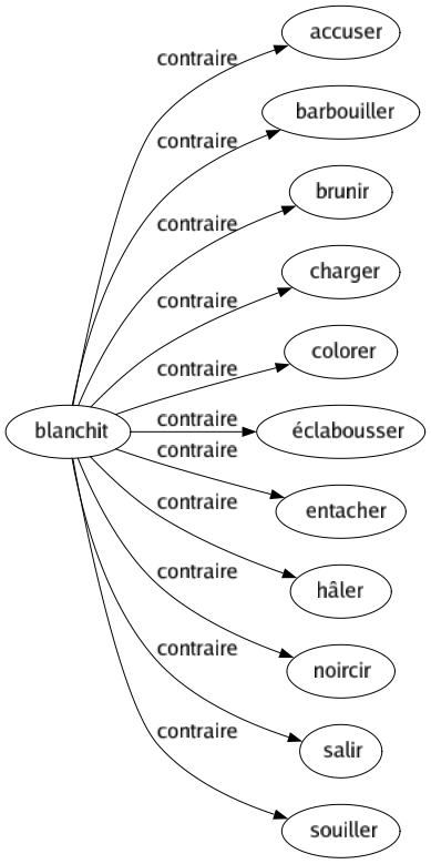 Contraire de Blanchit : Accuser Barbouiller Brunir Charger Colorer Éclabousser Entacher Hâler Noircir Salir Souiller 