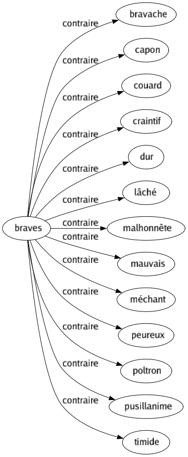 Contraire de Braves : Bravache Capon Couard Craintif Dur Lâché Malhonnête Mauvais Méchant Peureux Poltron Pusillanime Timide 