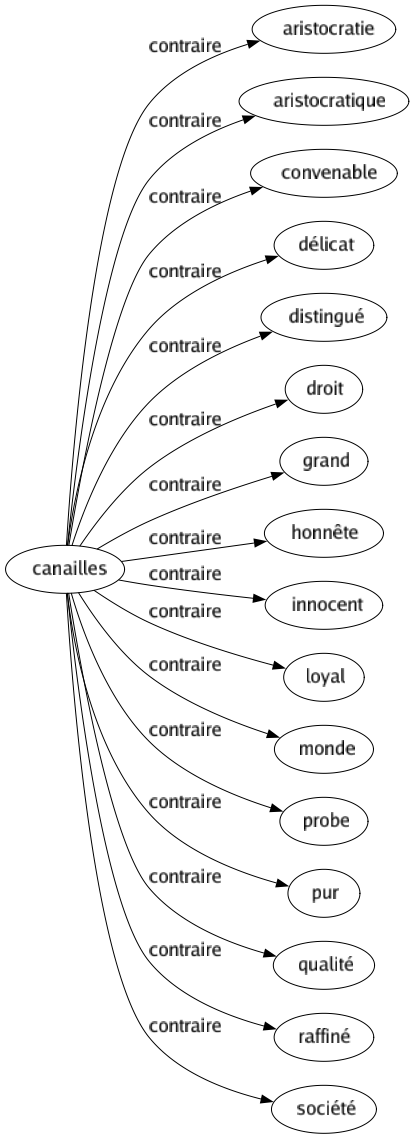 Contraire de Canailles : Aristocratie Aristocratique Convenable Délicat Distingué Droit Grand Honnête Innocent Loyal Monde Probe Pur Qualité Raffiné Société 