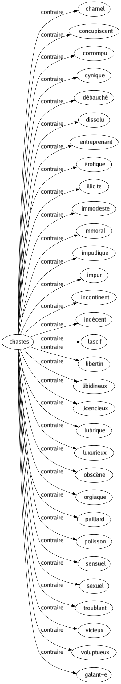 Contraire de Chastes : Charnel Concupiscent Corrompu Cynique Débauché Dissolu Entreprenant Érotique Illicite Immodeste Immoral Impudique Impur Incontinent Indécent Lascif Libertin Libidineux Licencieux Lubrique Luxurieux Obscène Orgiaque Paillard Polisson Sensuel Sexuel Troublant Vicieux Voluptueux Galant-e 