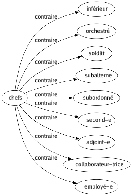 Contraire de Chefs : Inférieur Orchestré Soldât Subalterne Subordonné Second-e Adjoint-e Collaborateur-trice Employé-e 