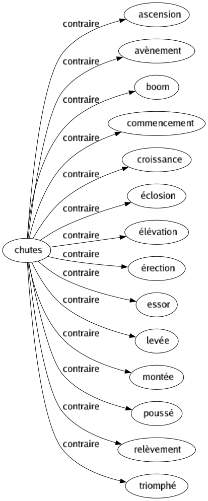 Contraire de Chutes : Ascension Avènement Boom Commencement Croissance Éclosion Élévation Érection Essor Levée Montée Poussé Relèvement Triomphé 