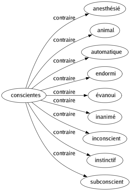 Contraire de Conscientes : Anesthésié Animal Automatique Endormi Évanoui Inanimé Inconscient Instinctif Subconscient 