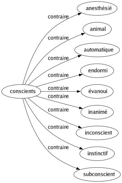 Contraire de Conscients : Anesthésié Animal Automatique Endormi Évanoui Inanimé Inconscient Instinctif Subconscient 