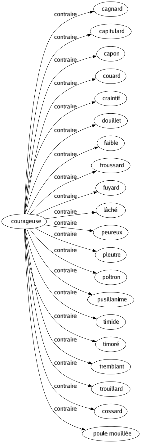 Contraire de Courageuse : Cagnard Capitulard Capon Couard Craintif Douillet Faible Froussard Fuyard Lâché Peureux Pleutre Poltron Pusillanime Timide Timoré Tremblant Trouillard Cossard Poule mouillée 