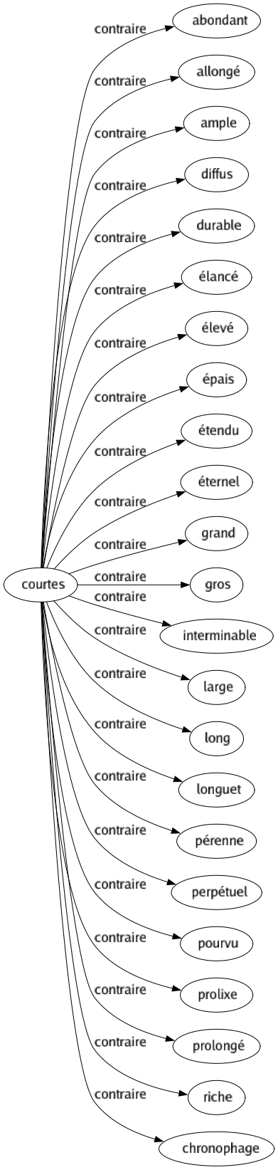 Contraire de Courtes : Abondant Allongé Ample Diffus Durable Élancé Élevé Épais Étendu Éternel Grand Gros Interminable Large Long Longuet Pérenne Perpétuel Pourvu Prolixe Prolongé Riche Chronophage 