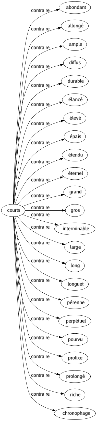 Contraire de Courts : Abondant Allongé Ample Diffus Durable Élancé Élevé Épais Étendu Éternel Grand Gros Interminable Large Long Longuet Pérenne Perpétuel Pourvu Prolixe Prolongé Riche Chronophage 