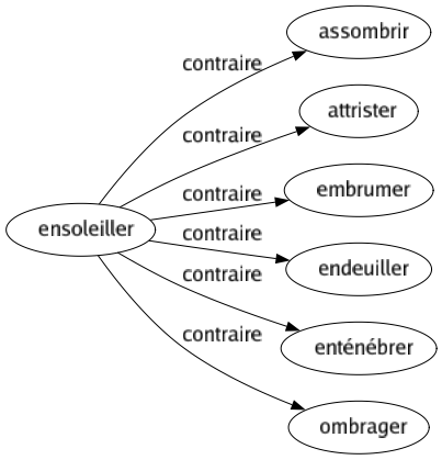 Contraire de Ensoleiller : Assombrir Attrister Embrumer Endeuiller Enténébrer Ombrager 