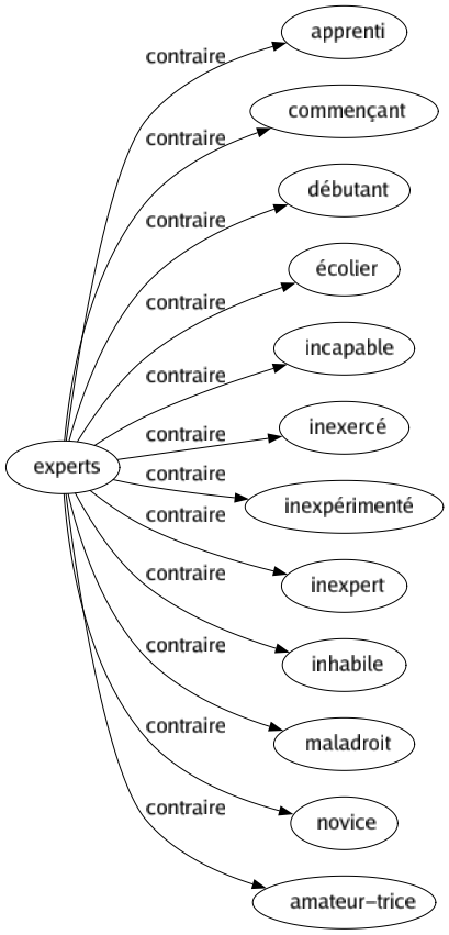 Contraire de Experts : Apprenti Commençant Débutant Écolier Incapable Inexercé Inexpérimenté Inexpert Inhabile Maladroit Novice Amateur-trice 