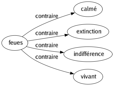 Contraire de Feues : Calmé Extinction Indifférence Vivant 