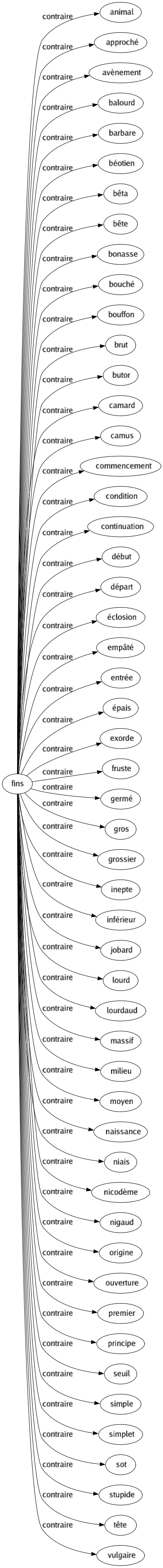 Contraire de Fins : Animal Approché Avènement Balourd Barbare Béotien Bêta Bête Bonasse Bouché Bouffon Brut Butor Camard Camus Commencement Condition Continuation Début Départ Éclosion Empâté Entrée Épais Exorde Fruste Germé Gros Grossier Inepte Inférieur Jobard Lourd Lourdaud Massif Milieu Moyen Naissance Niais Nicodème Nigaud Origine Ouverture Premier Principe Seuil Simple Simplet Sot Stupide Tête Vulgaire 