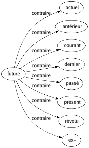 Contraire de Future : Actuel Antérieur Courant Dernier Passé Présent Révolu Ex- 