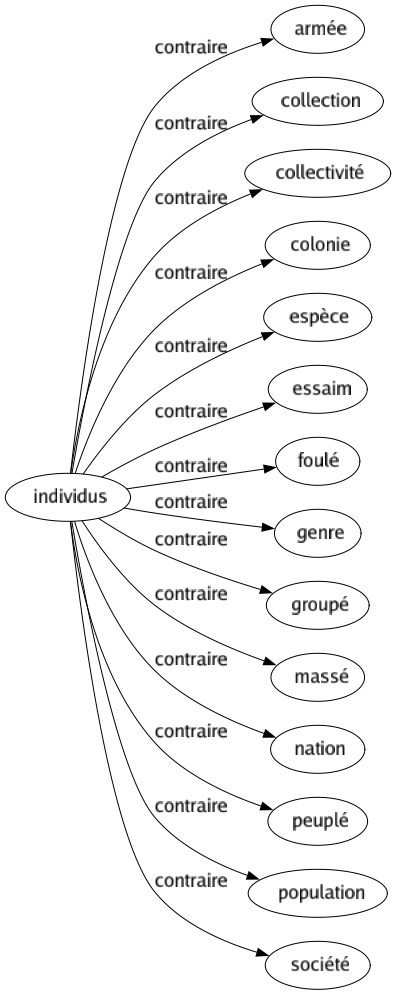 Contraire de Individus : Armée Collection Collectivité Colonie Espèce Essaim Foulé Genre Groupé Massé Nation Peuplé Population Société 