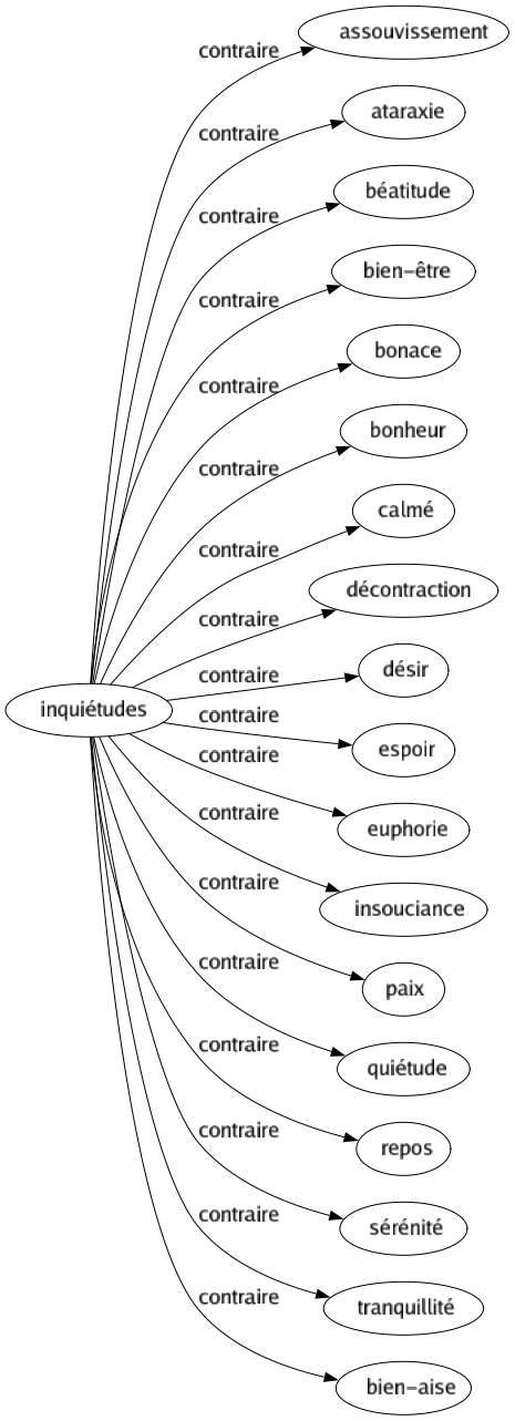 Contraire de Inquiétudes : Assouvissement Ataraxie Béatitude Bien-être Bonace Bonheur Calmé Décontraction Désir Espoir Euphorie Insouciance Paix Quiétude Repos Sérénité Tranquillité Bien-aise 