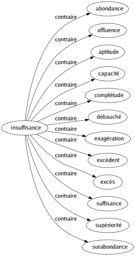 Contraire de Insuffisance : Abondance Affluence Aptitude Capacité Complétude Débauché Exagération Excèdent Excès Suffisance Supériorité Surabondance 