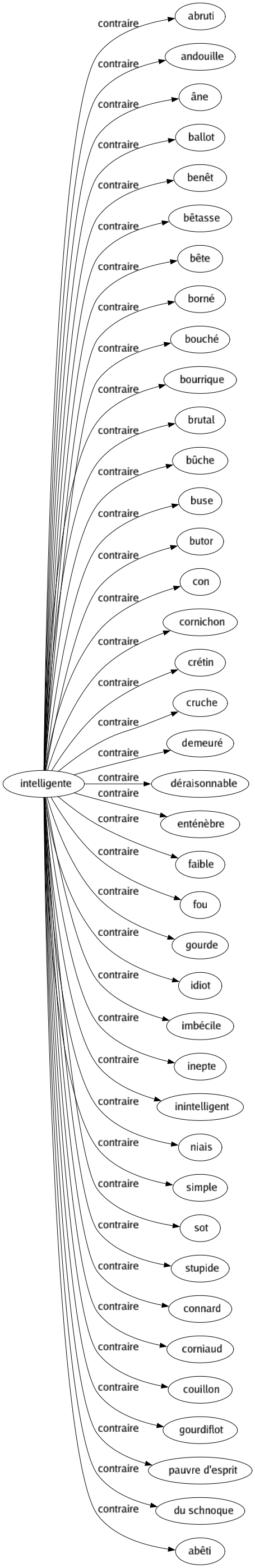 Contraire de Intelligente : Abruti Andouille Âne Ballot Benêt Bêtasse Bête Borné Bouché Bourrique Brutal Bûche Buse Butor Con Cornichon Crétin Cruche Demeuré Déraisonnable Enténèbre Faible Fou Gourde Idiot Imbécile Inepte Inintelligent Niais Simple Sot Stupide Connard Corniaud Couillon Gourdiflot Pauvre d'esprit Du schnoque Abêti 