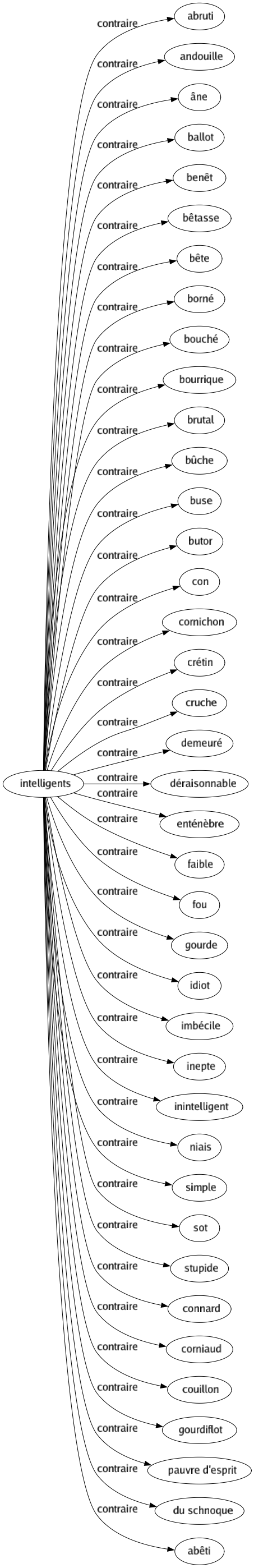 Contraire de Intelligents : Abruti Andouille Âne Ballot Benêt Bêtasse Bête Borné Bouché Bourrique Brutal Bûche Buse Butor Con Cornichon Crétin Cruche Demeuré Déraisonnable Enténèbre Faible Fou Gourde Idiot Imbécile Inepte Inintelligent Niais Simple Sot Stupide Connard Corniaud Couillon Gourdiflot Pauvre d'esprit Du schnoque Abêti 