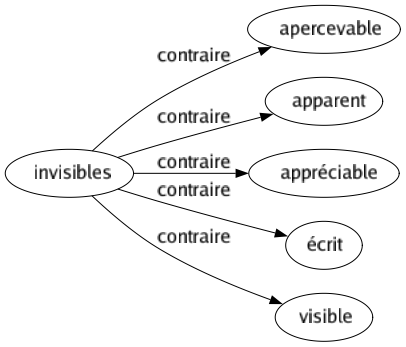 Contraire de Invisibles : Apercevable Apparent Appréciable Écrit Visible 