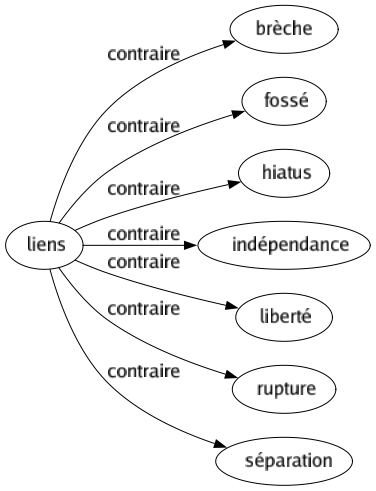 Contraire de Liens : Brèche Fossé Hiatus Indépendance Liberté Rupture Séparation 