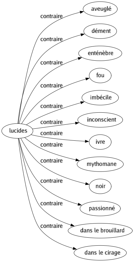 Contraire de Lucides : Aveuglé Dément Enténèbre Fou Imbécile Inconscient Ivre Mythomane Noir Passionné Dans le brouillard Dans le cirage 