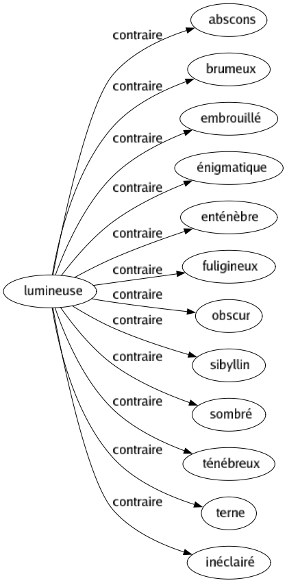 Contraire de Lumineuse : Abscons Brumeux Embrouillé Énigmatique Enténèbre Fuligineux Obscur Sibyllin Sombré Ténébreux Terne Inéclairé 