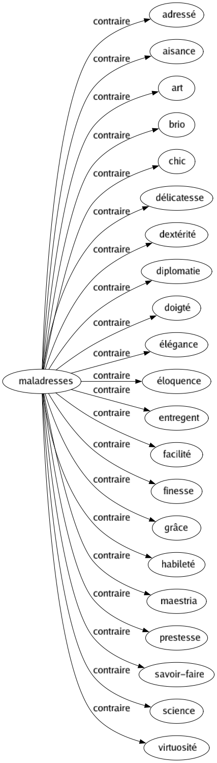 Contraire de Maladresses : Adressé Aisance Art Brio Chic Délicatesse Dextérité Diplomatie Doigté Élégance Éloquence Entregent Facilité Finesse Grâce Habileté Maestria Prestesse Savoir-faire Science Virtuosité 