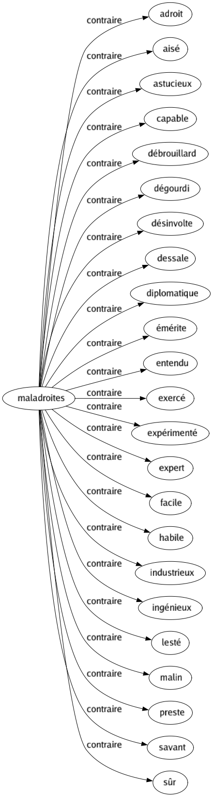 Contraire de Maladroites : Adroit Aisé Astucieux Capable Débrouillard Dégourdi Désinvolte Dessale Diplomatique Émérite Entendu Exercé Expérimenté Expert Facile Habile Industrieux Ingénieux Lesté Malin Preste Savant Sûr 