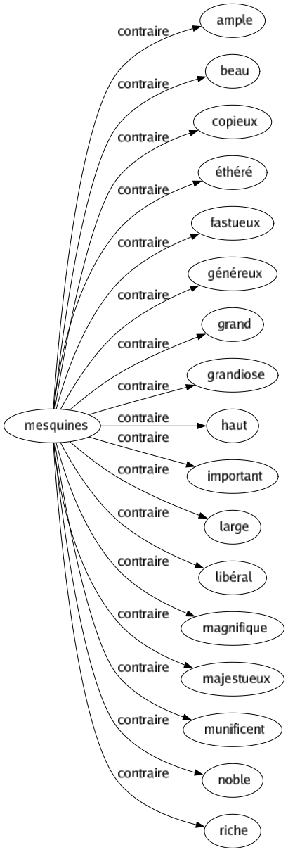 Contraire de Mesquines : Ample Beau Copieux Éthéré Fastueux Généreux Grand Grandiose Haut Important Large Libéral Magnifique Majestueux Munificent Noble Riche 