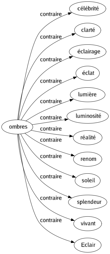 Contraire de Ombres : Célébrité Clarté Éclairage Éclat Lumière Luminosité Réalité Renom Soleil Splendeur Vivant Eclair 