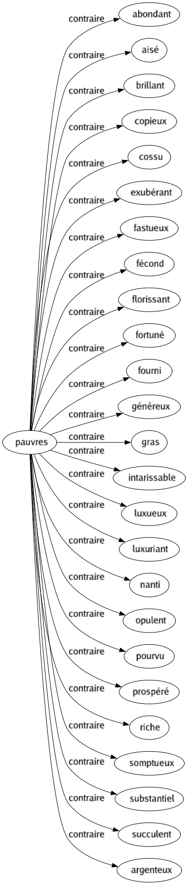 Contraire de Pauvres : Abondant Aisé Brillant Copieux Cossu Exubérant Fastueux Fécond Florissant Fortuné Fourni Généreux Gras Intarissable Luxueux Luxuriant Nanti Opulent Pourvu Prospéré Riche Somptueux Substantiel Succulent Argenteux 