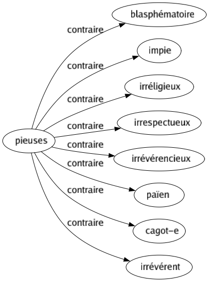 Contraire de Pieuses : Blasphématoire Impie Irréligieux Irrespectueux Irrévérencieux Païen Cagot-e Irrévérent 
