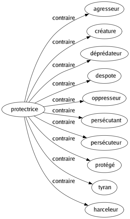 Contraire de Protectrice : Agresseur Créature Déprédateur Despote Oppresseur Persécutant Persécuteur Protégé Tyran Harceleur 