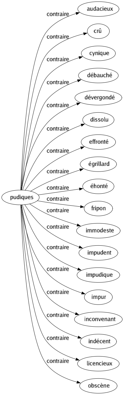 Contraire de Pudiques : Audacieux Crû Cynique Débauché Dévergondé Dissolu Effronté Égrillard Éhonté Fripon Immodeste Impudent Impudique Impur Inconvenant Indécent Licencieux Obscène 