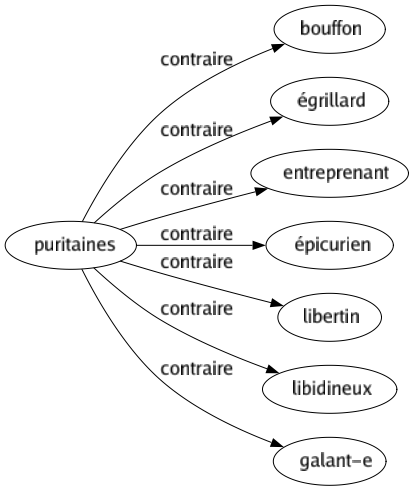 Contraire de Puritaines : Bouffon Égrillard Entreprenant Épicurien Libertin Libidineux Galant-e 