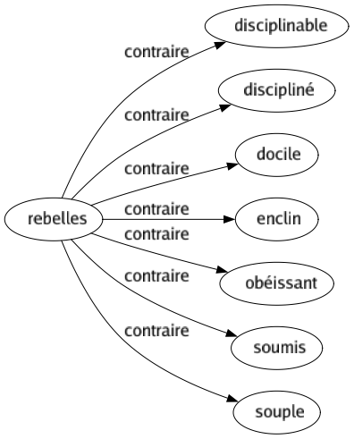 Contraire de Rebelles : Disciplinable Discipliné Docile Enclin Obéissant Soumis Souple 