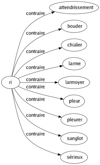 Contraire de Ri : Attendrissement Bouder Chialer Larme Larmoyer Pleur Pleurer Sanglot Sérieux 