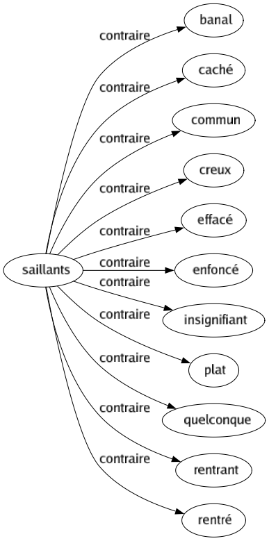 Contraire de Saillants : Banal Caché Commun Creux Effacé Enfoncé Insignifiant Plat Quelconque Rentrant Rentré 