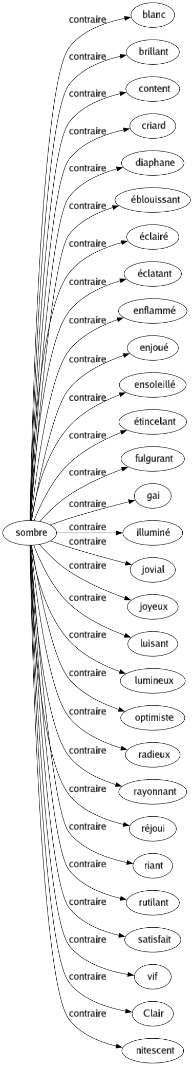 Contraire de Sombre : Blanc Brillant Content Criard Diaphane Éblouissant Éclairé Éclatant Enflammé Enjoué Ensoleillé Étincelant Fulgurant Gai Illuminé Jovial Joyeux Luisant Lumineux Optimiste Radieux Rayonnant Réjoui Riant Rutilant Satisfait Vif Clair Nitescent 