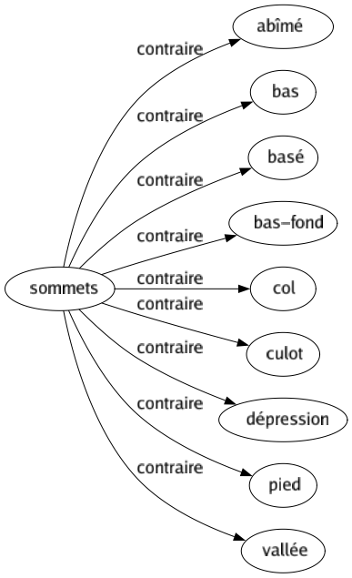 Contraire de Sommets : Abîmé Bas Basé Bas-fond Col Culot Dépression Pied Vallée 