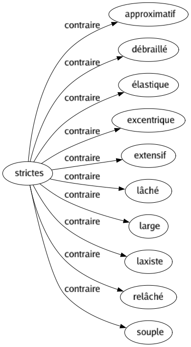 Contraire de Strictes : Approximatif Débraillé Élastique Excentrique Extensif Lâché Large Laxiste Relâché Souple 