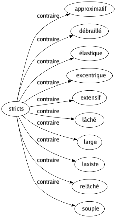 Contraire de Stricts : Approximatif Débraillé Élastique Excentrique Extensif Lâché Large Laxiste Relâché Souple 