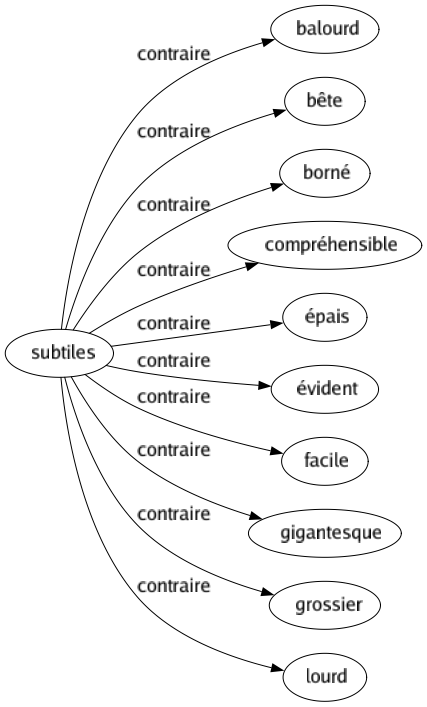 Contraire de Subtiles : Balourd Bête Borné Compréhensible Épais Évident Facile Gigantesque Grossier Lourd 